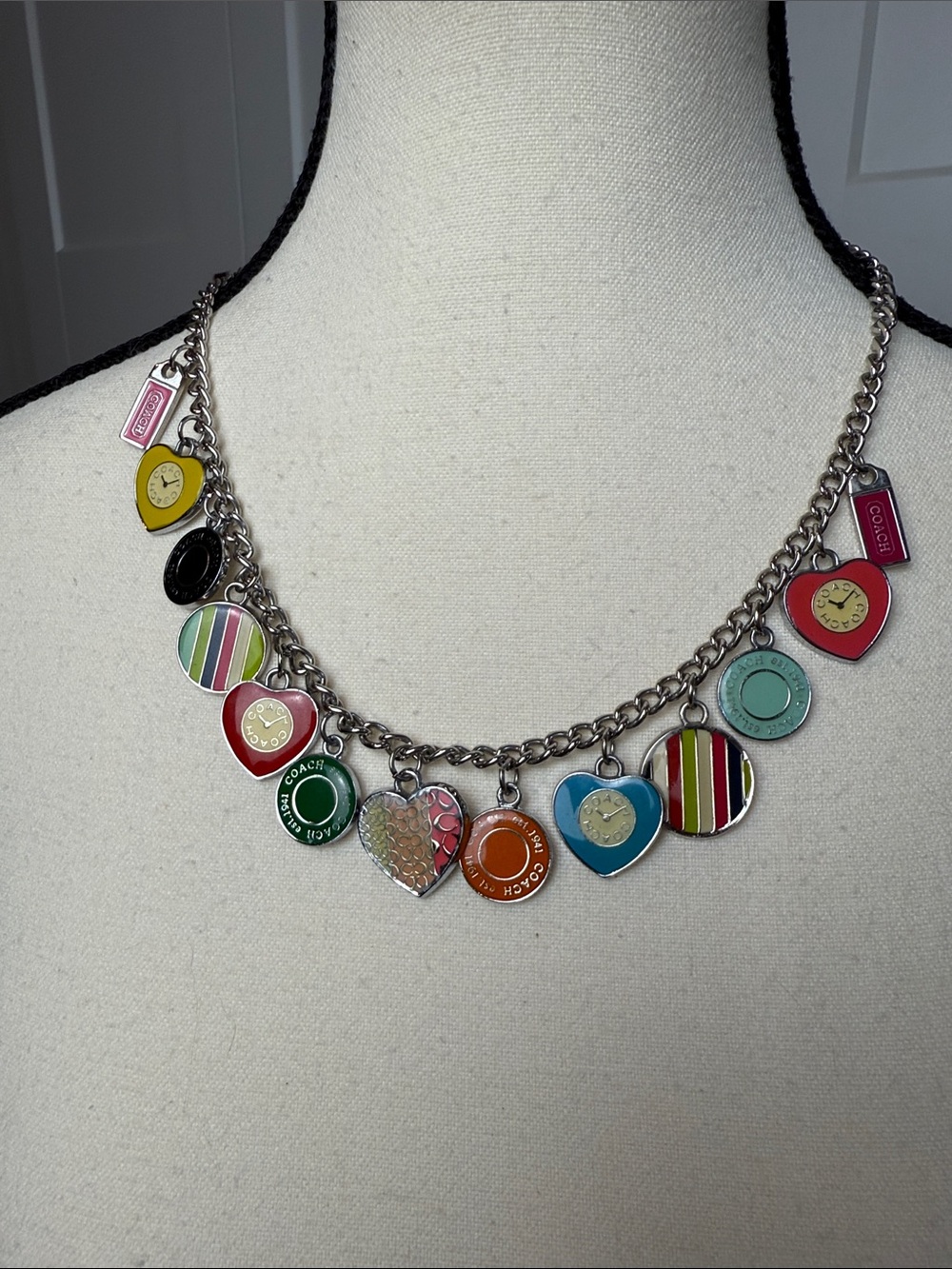 Vintage Coach Y2K silver tone toggle clasp charm necklace preppy hearts clocks